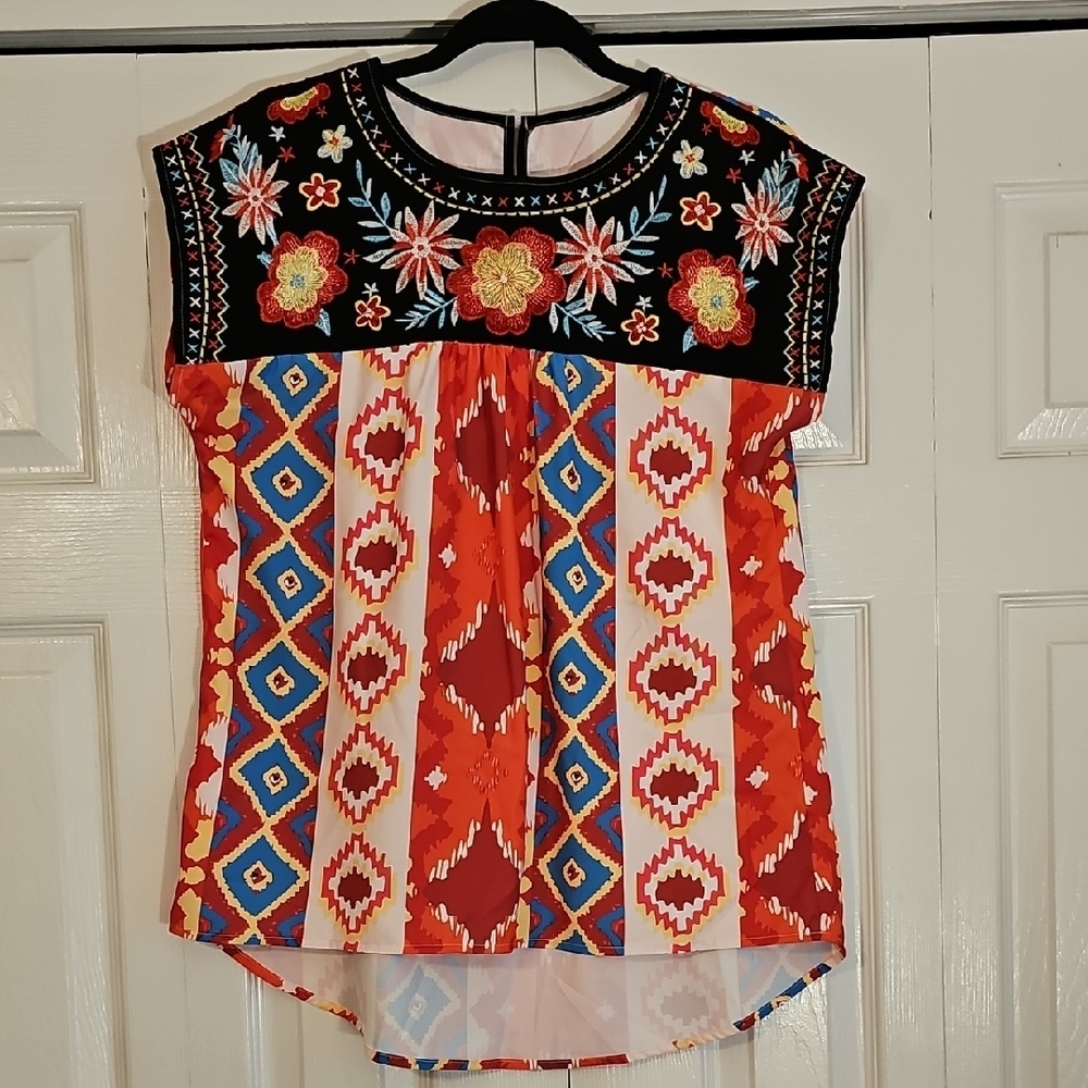 Orange and White Graphic Flutter Sleeve Blouse